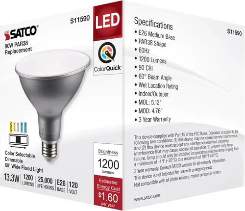Vista 7 de Satco S11590; LED PAR38 de 13.3 vatios; base media; acabado plateado; CCT seleccionable; 120 voltios; ángulo de haz de 60 grados