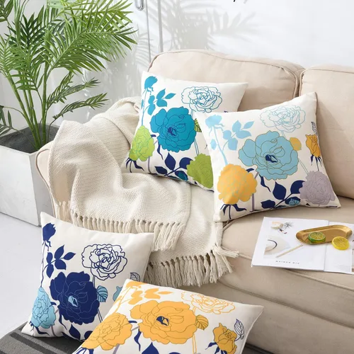 Vista 3 de Juego de 2 fundas de almohada de lino y algodón para sofá, 7.1 x 7.1 pulgadas, serie de pájaros y flores