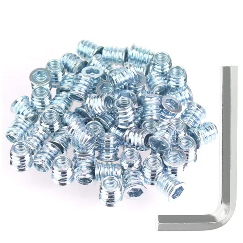 Vista 33 de Juego de 142 piezas: Insertos roscados de 1/4"-20 (10mm, 15mm, 20mm, 25mm), tuercas e insertos de madera para tornillos de muebles de madera, azul