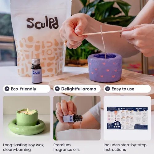 Vista 3 de Sculpd Kit de alfarería para hacer velas para adultos con arcilla secada al aire y juego de pintura acrílica, cera de soja ecológica no tóxica