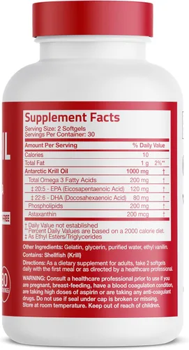 Vista 2 de Bronson Aceite de krill antártico 1000 mg con omega-3 EPA, DHA, astaxantina y fosfolípidos 60 cápsulas blandas Probado en metales pesados