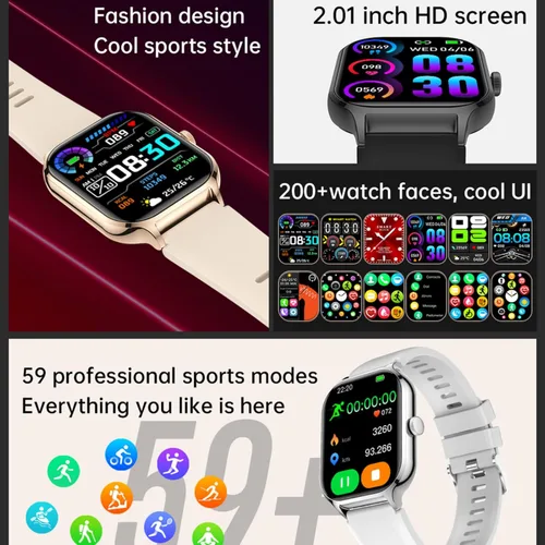Vista 3 de Reloj inteligente para mujeres y hombres (respuesta/hacer llamadas) de 2.01 pulgadas, relojes inteligentes para teléfonos iOS y Android, reloj Dorado