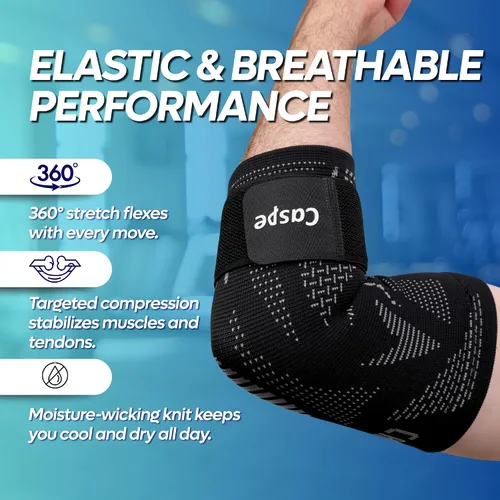 Vista 2 de Caspe Codera, manga de compresión ajustable con correa, codera de tenis para hombres y mujeres, tendinitis, levantamiento de pesas, entrenamientos