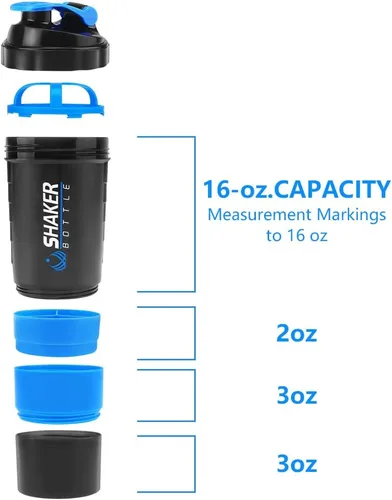 Vista 2 de XSUPER Botella Agitadora, Botella Agitadora a Prueba de Fugas para Mezclas de Proteínas, 16oz Vaso de 3 Capas Desenroscable con Almacenamiento
