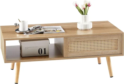 Vista 4 de IANIYA Mesa de centro moderna con almacenamiento, mesa rectangular de 41.3 pulgadas con centro de madera con puerta corrediza tejida de ratán PE