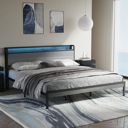Vista 15 de LIKIMIO - Base de cama Queen con cabecero, luces LED y estación de carga Gris carbón