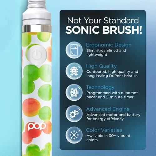 Vista 6 de Cepillo de dientes eléctrico Pop Sonic (burbuja verde) Paquete de 2 cabezales de repuesto – Cepillos de dientes de viaje con batería AAA Cepillos