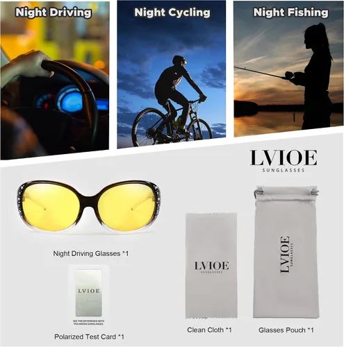 Vista 6 de LVIOE Gafas de conducción de visión nocturna envolventes antirreflejos con lente amarilla polarizada para mujer