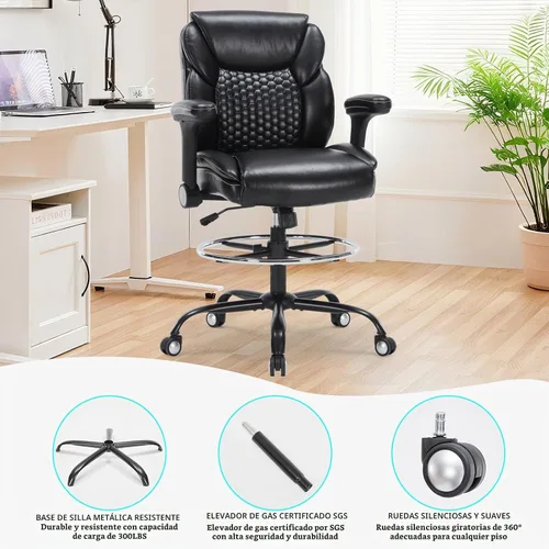 Vista 9 de Silla de dibujo, silla de oficina alta con reposabrazos ajustables, silla de escritorio de pie con anillo para reposapiés, silla de escritorio