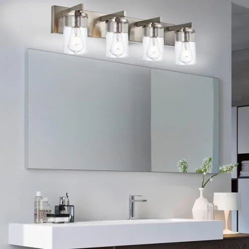 Vista 13 de BONLICHT Lámpara de pared de níquel cepillado de 2 luces con pantalla de cristal transparente, luces industriales de baño para interiores sobre