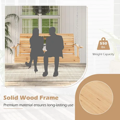 Vista 5 de Giantex Columpio colgante para porche al aire libre – Banco de columpio de madera de 2 asientos con portavasos plegable y cadenas colgantes de metal