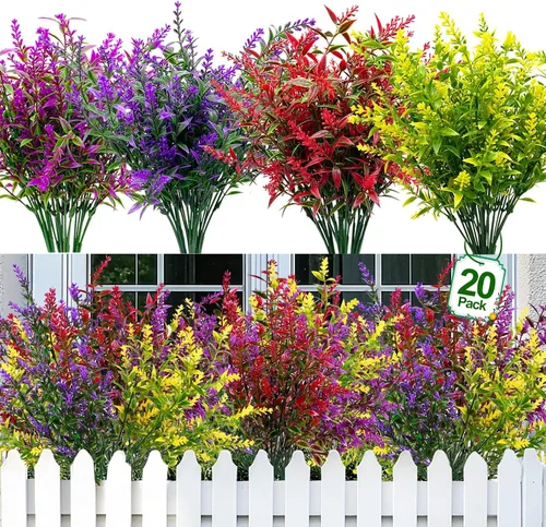 Vista 13 de TURNMEON 20 paquetes de flores artificiales de otoño para exteriores, decoraciones de otoño, resistentes a los rayos UV, lavanda artificial
