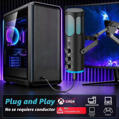 Vista 5 de Microfono para juegos, micrófono condensador USB para PC, PS4/5 y Mac, micrófono de computadora con cancelación de ruido, silencio, reverberación