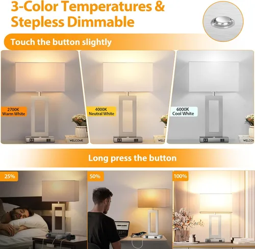 Vista 2 de Juego de 2 lámparas de mesa con control táctil de 3 temperaturas de color, regulables sin escalones, con 2 puertos USB y salida CA, lámparas