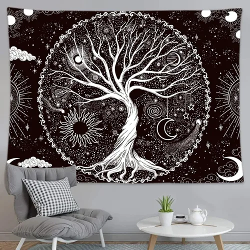 Vista 5 de Wonrizon Tapiz del árbol de la vida, tapiz espacial de galaxia en blanco y negro, decoración estética psicodélica para colgar en la pared para sala