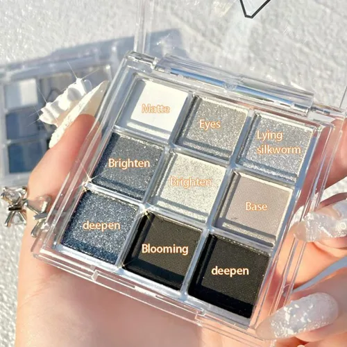 Vista 2 de Paleta de sombras de ojos de 9 colores negro ahumado mate con purpurina, sombra de ojos duradera impermeable para niñas y mujeres