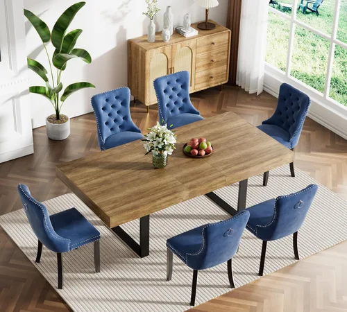 Vista 31 de Juego de mesa de comedor extensible marrón de 63 a 78.74 pulgadas para 4, juego de mesa de comedor de 5 piezas con 4 sillas tapizadas, mesa