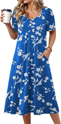 Vista 10 de Zeagoo Vestido de verano para mujer, casual, floral, midi, con bolsillos, cuello en V, plisado, manga corta, estilo alineado, para vacaciones