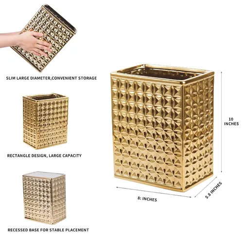Vista 3 de Basurero para baño, pequeño bote de basura de oficina para cocina, cubo de basura rectangular delgado, cerámica, dorado