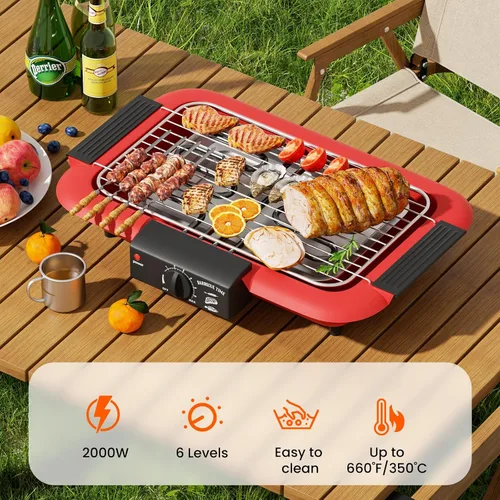 Vista 2 de Parrilla eléctrica para barbacoa, sin humo, antiadherente para interiores y exteriores, 2000 W, doble tubo de alta potencia, portátil, extraíble