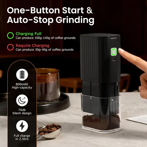 Vista 5 de VEVOK CHEF Molinillo de café eléctrico portátil, molinillo de grano de café cónica ajustable, molinillo de un botón con recargable por USB, parada