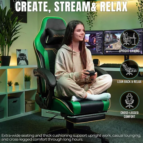Vista 5 de Dowinx - Silla de juegos grande y alta, 350 libras con reposapiés lumbar de masaje Verde