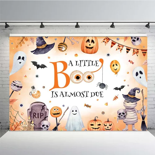Vista 7 de MEHOFOND Telón de fondo de Halloween de 7 x 5 pies con texto en inglés "A Little Boo is Almost Due Pumpkin Photography Background Blue Watercolor
