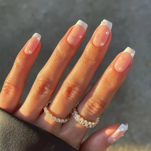 Vista 25 de Uñas postizas a presión de mariposa - Uñas falsas cortas cuadradas con diseños en relieve 3D, punta francesa blanca, acabado mate, acrílico rosa