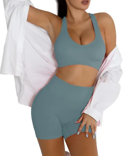 Vista 3 de DADAB Conjuntos de entrenamiento de dos piezas para mujer, ropa de gimnasio, yoga, sin costuras, espalda cruzada, brasier deportivo con pantalones
