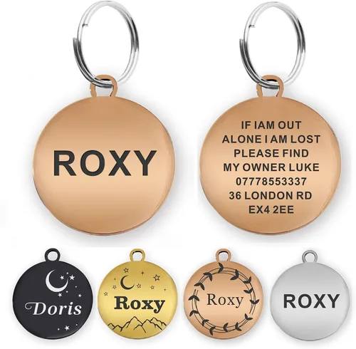 Vista 8 de Etiquetas de perro grabadas para mascotas, etiquetas de nombre de perro personalizadas, etiquetas de identificación para perros pequeños, etiquetas