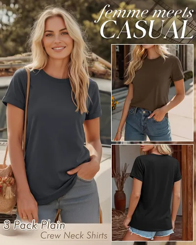 Vista 4 de Huukeay Paquete de 3 camisetas de algodón para mujer, estilo casual, de manga corta, cuello redondo, ajuste holgado, básica, lisa