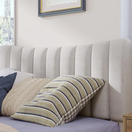 Vista 7 de Base de cama tapizada moderna de tamaño matrimonial con cabecera capitonada de canal vertical, base de cama de lino con plataforma completa