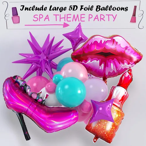 Vista 4 de 127 piezas de suministros de fiesta de spa para niñas, decoración de cumpleaños con guirnalda de globos, globos de papel de aluminio, telón