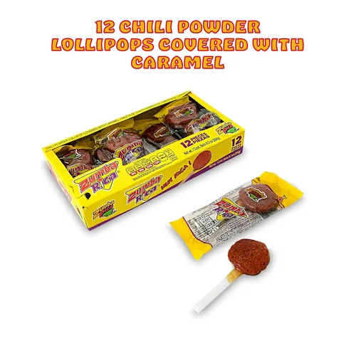Vista 2 de Zumba Rica - Paleta de chile en polvo, 12 unidades, paletas con cubierta de chile en polvo con caramelo, piruleta mexicana, caramelo de chile
