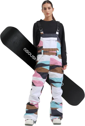 Vista 7 de GSOU SNOW Women Snow Bibs Ski Snowboard Pants Waterproof Beige y blanco