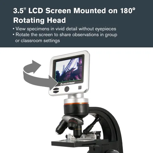 Vista 3 de Celestron – Microscopio digital LCD II – Pantalla de 3.5" – Cámara de 5MP – Aumento de 40x–1600x – Cabezal giratorio – Tarjeta SD incluida – Salida