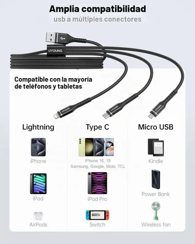 Vista 6 de Cable de carga múltiple corto de 1 pie, paquete de 2 cables de carga 3 en 1, cables universales trenzados para teléfono con conectores