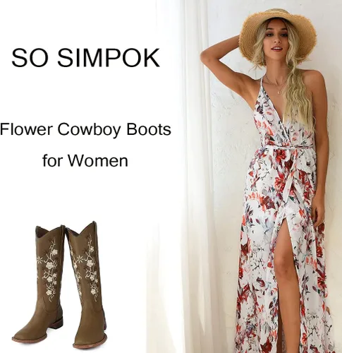 Vista 2 de SO SIMPOK Botas vaqueras bordadas con flores para mujer, botas vaqueras retro, botas occidentales, botas de media pantorrilla