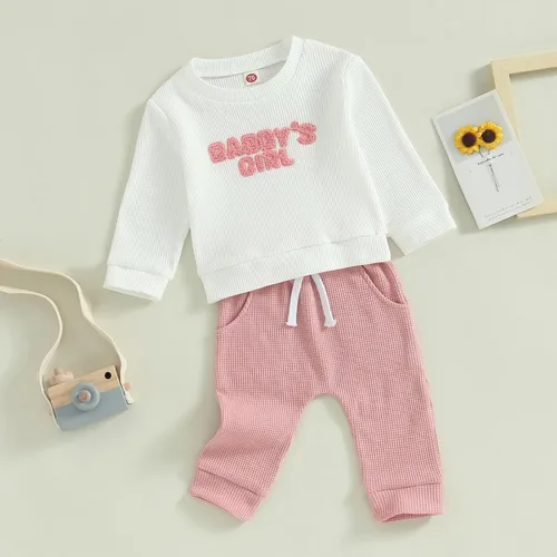 Vista 3 de Daddys Girl Toddler Baby Clothes Waffle Sweatshirt Pullover Top Jogger Pants Fall Winter 2 Piece Outfits