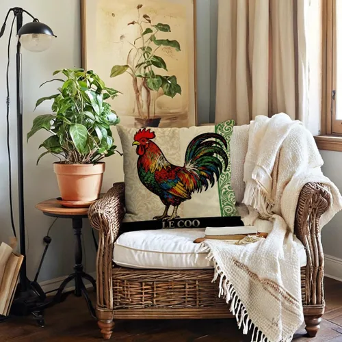 Vista 7 de Funda de almohada de gallo de granja de 18 x 18 pulgadas, fundas de almohada vintage de gallo francés con borde de damasco, fundas de almohada
