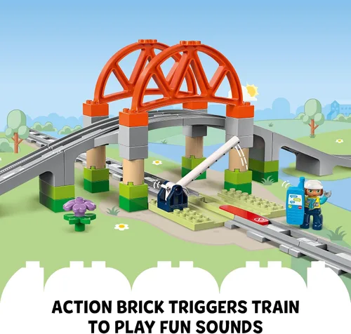 Vista 6 de LEGO DUPLO Town - Juego de expansión de puente y pistas de tren, 10 piezas adicionales de vías de tren, juego de tren para preescolar y niños