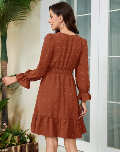 Vista 2 de Daisyaner Women's Dresses Summer Casual Dress Long Sleeve V Neck Swiss Dot Dress Smocked Short Beach Dresses