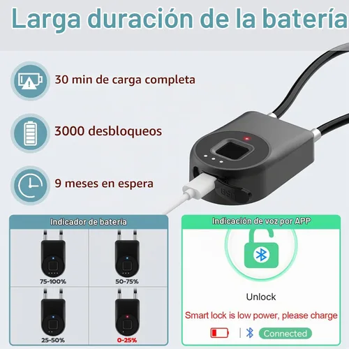 Vista 5 de Candado inteligente de cable de huellas dactilares, 6 pulgadas de largo con aplicación Bluetooth de huellas dactilares, biométrico sin llave
