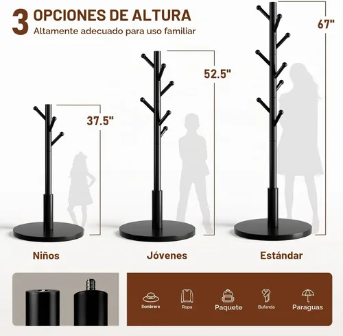 Vista 2 de Perchero de madera independiente con 8 ganchos de punta redonda, 3 alturas ajustables para entrada, dormitorio, pasillo, oficina (negro)
