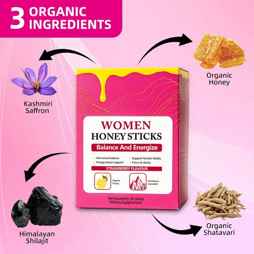 Vista 5 de Bloomin - Palitos de miel Shilajit para mujeres, palitos de miel de fresa, energía natural y potenciador de vitalidad con shatavari y azafrán