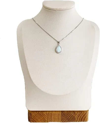 Vista 4 de FANCIME Aretes de plata de ley con ópalo blanco, piedra natal de octubre, ópalo de fuego, halo de gota de agua, forma de lágrima, aretes de ópalo