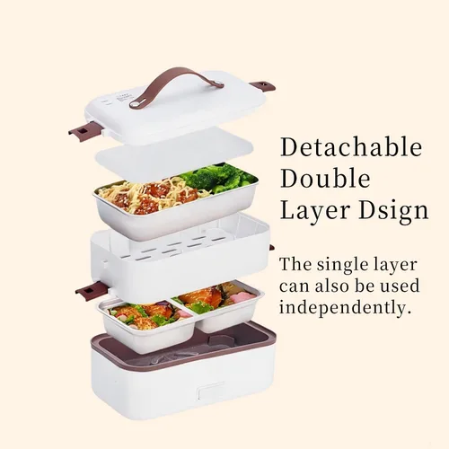 Vista 3 de Zerodis Fiambrera eléctrica, 0.8L PP acero inoxidable doble capa calentador de alimentos con taza medidora, calentador de alimentos portátil