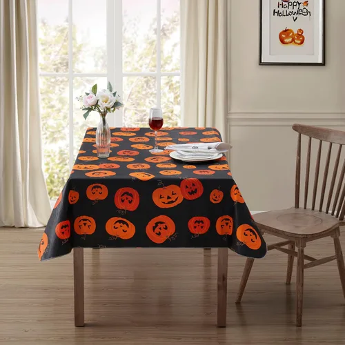 Vista 2 de Serafina Home Mantel de vinilo de Halloween: vinilo PEVA con mantel de respaldo de franela reutilizable (Jack O Lantern, 52 "x 70")