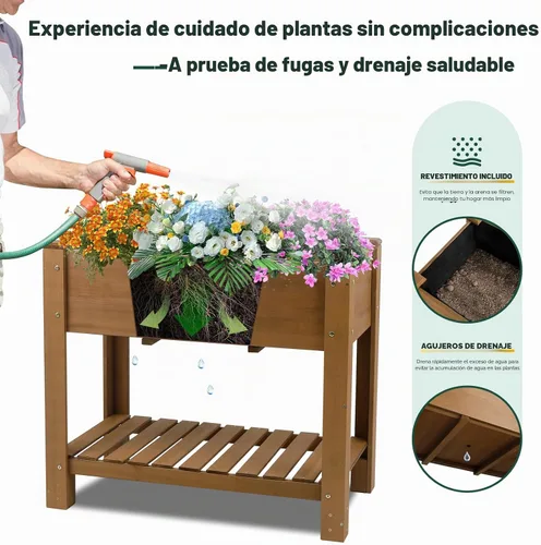Vista 3 de Cama de jardín elevada para exteriores, jardineras de madera con patas forro protector y agujeros de drenaje, macizos de flores elevados para jardín