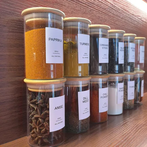 Vista 6 de 12 tarros de vidrio para especias con tapas herméticas de bambú y 201 etiquetas, recipientes pequeños de almacenamiento de alimentos vacíos de 8